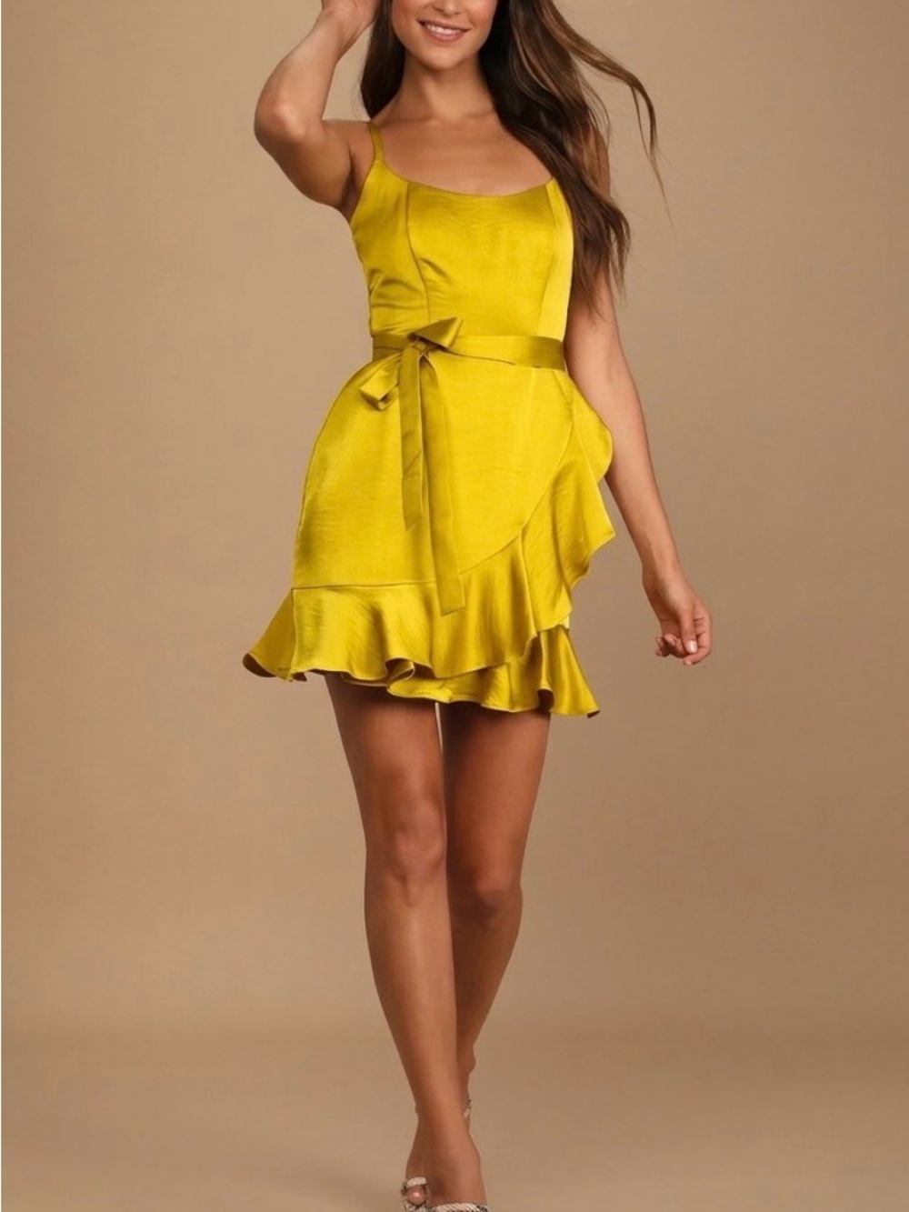 Lulus Glamourous Lifestyle Mustard Yellow Satin Faux-Wrap Mini Dress M